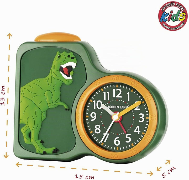 JACQUES FAREL Kinder-Wecker Jungen 3D Dinosaurier Grün Gelb Analog Quarz ohne Ticken mit Licht und S
