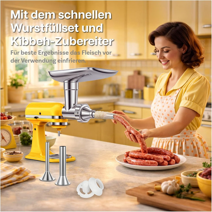 Fleischwolf Aufsatz Edelstahl für KitchenAid Standmixer - Fleischwolf Zubehör mit 4 Mahlscheibe, 3 W