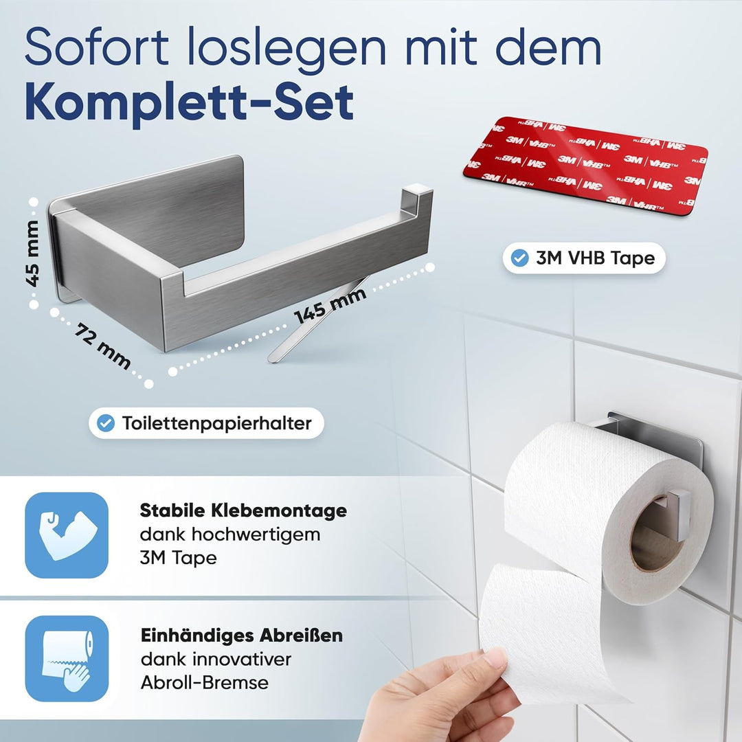 WOHNHELD® Toilettenpapierhalter ohne Bohren [Mit Abroll-Bremse] Edelstahl - Silber & Schwarz - Kloro
