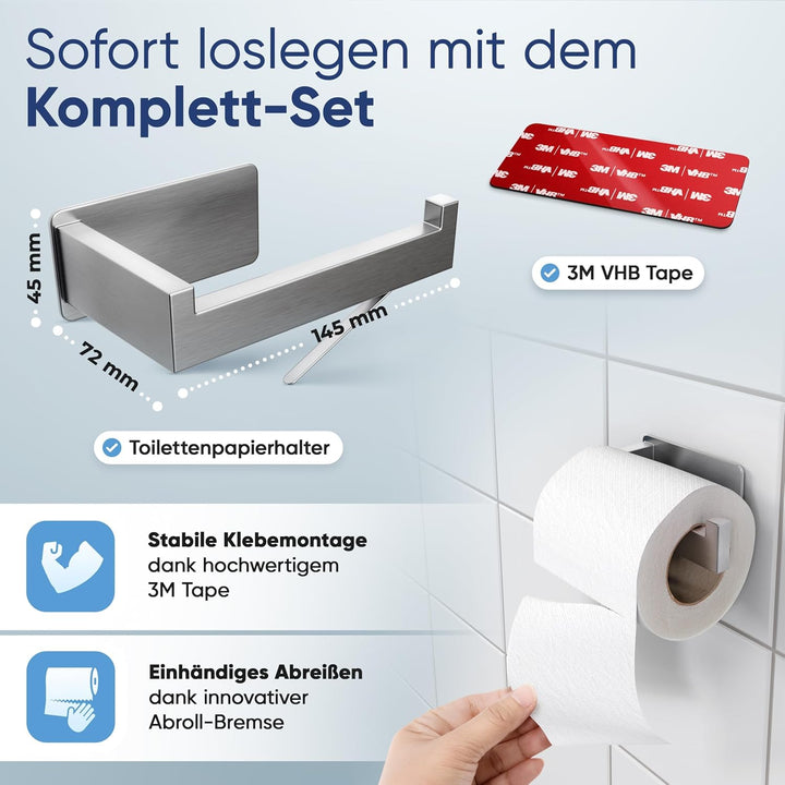 WOHNHELD® Toilettenpapierhalter ohne Bohren [Mit Abroll-Bremse] Edelstahl - Silber & Schwarz - Kloro