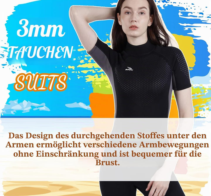 Neoprenanzug Damen und Herren Kurz 3mm für Herren Rückenreissverschluss zum Tauchen, Schnorcheln, Su