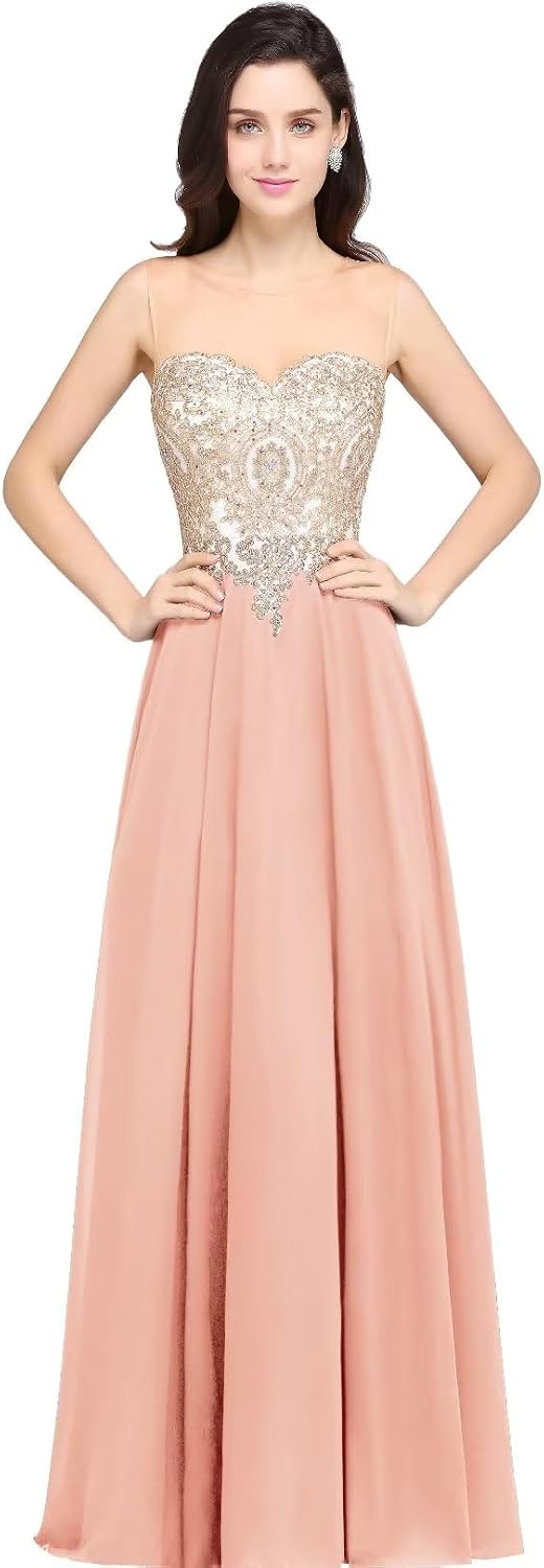Misshow Abendkleid Chic Lang mit floralen Applikationen aus Chiffon Gr. 32 Dunkelrosa., 32 Dunkelros