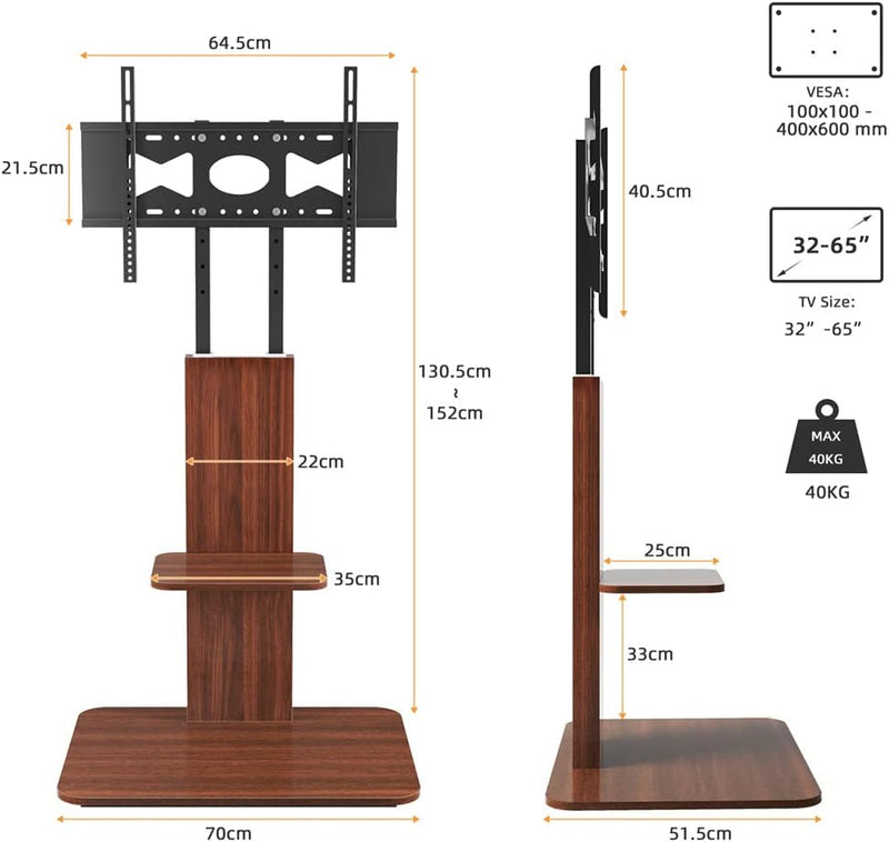 unho TV Ständer Holz, TV Standfuss Höhenverstellbar Fernseher Halterung mit Ablage Universal für 32”