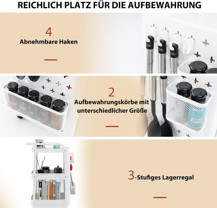 COSTWAY Rollwagen 3 Etagen, Küchenwagen mit 2 Stecktafeln, Metall Mehrzweckwagen auf Rollen, Küchenr