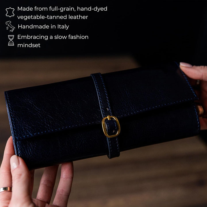 Time Resistance Blau Leder Schmuck Organizer – 100% Leder Schmuckrolle für Reisen Hergestellt in Ita