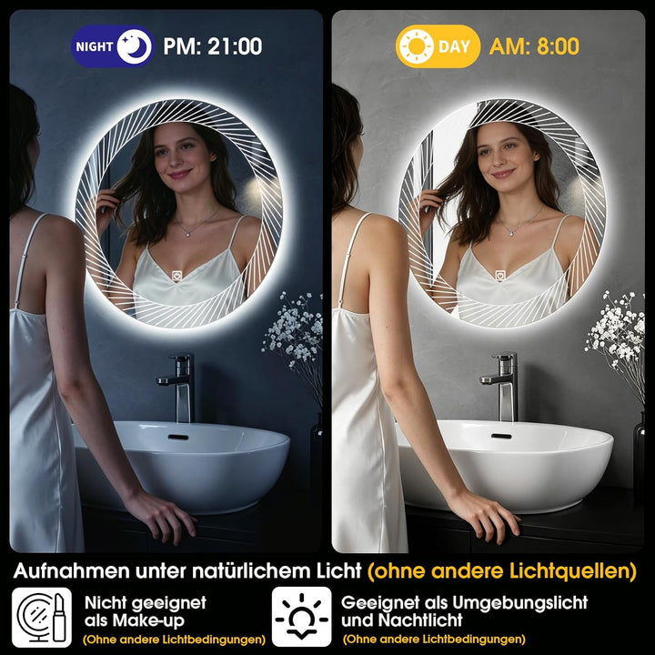 Rund Badezimmer Wandspiegel, Badspiegel Mit Beleuchtung, 50cm Spiegel mit LED Linienmuster Licht, To