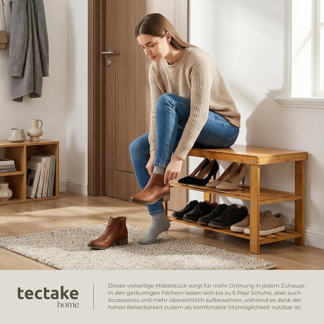 tectake Schuhregal aus Bambus Holz - Diverse Modelle - (70x28x45.5cm mit Sitzfläche | Nr. 401650) 70