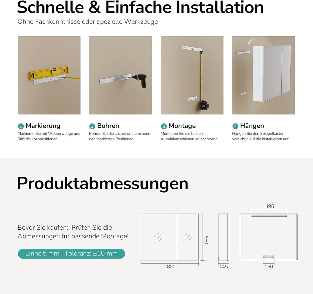 EMKE Spiegelschrank Bad 80×65×14,5 cm aus Aluminium, Weiss Matt, Doppeltür mit Aufbewahrung, 2 verst