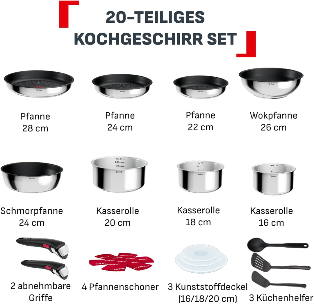 Tefal Ingenio Comfort Max 20-tlg. Kochgeschirr-Set, Titanium Antihaftversiegelung, stapelbar, platzs