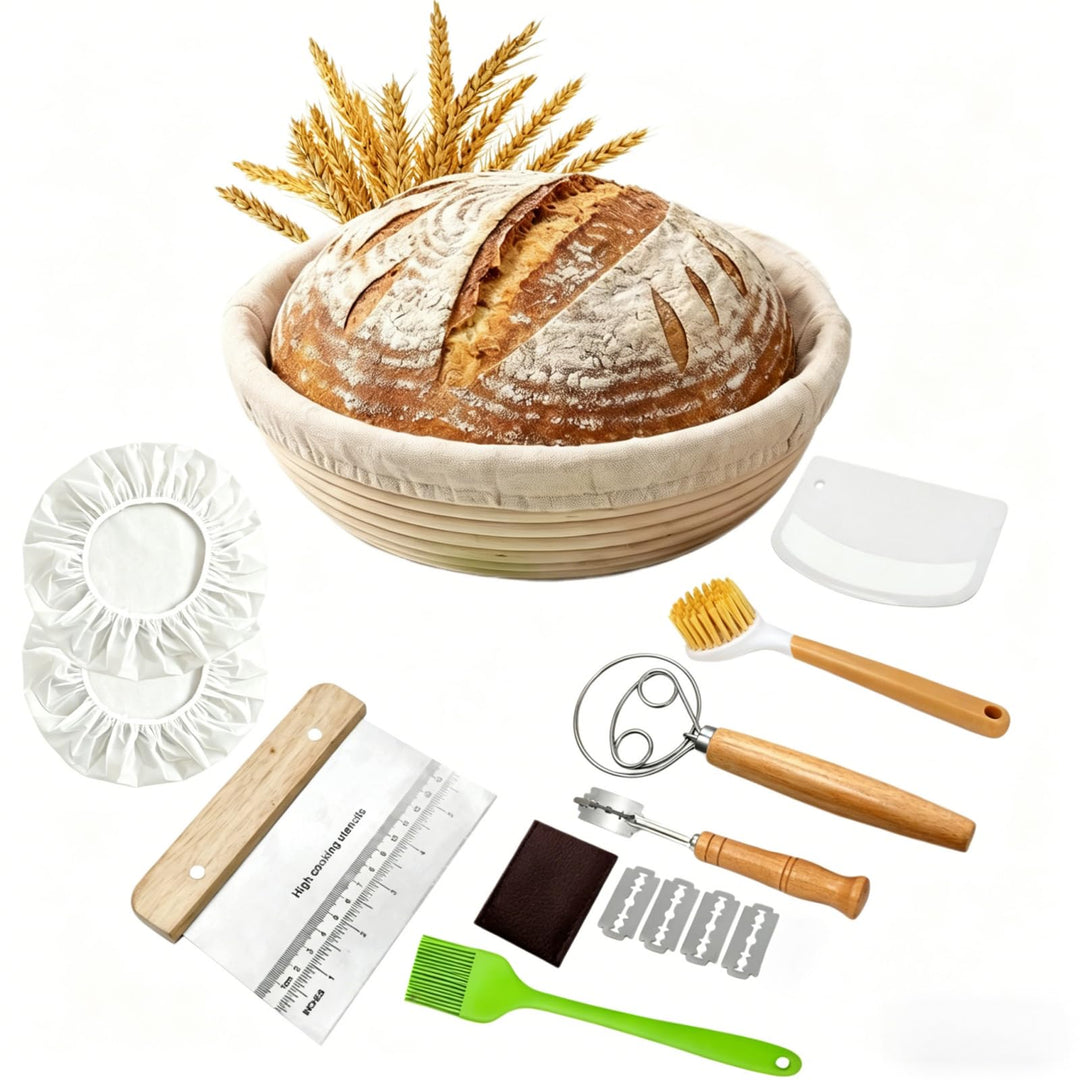 Gärkörbchen Set rund 23 cm aus natürlichem Rattan, Komplettes Brotbackset mit Bäckermesser, Teigscha