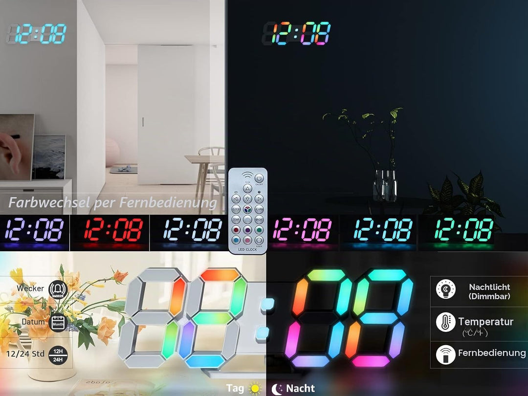 KOSUMOSU Wanduhr, Neon-Digitaluhr, 3D-LED-Schreibtischuhr, grosses Display, 24.6 cm, RGB-Uhr, ästhet