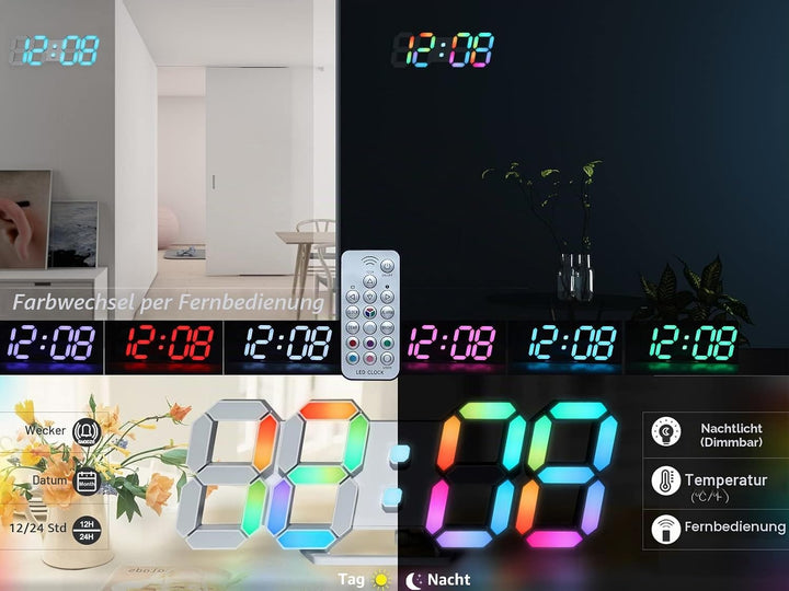 KOSUMOSU Wanduhr, Neon-Digitaluhr, 3D-LED-Schreibtischuhr, grosses Display, 24.6 cm, RGB-Uhr, ästhet