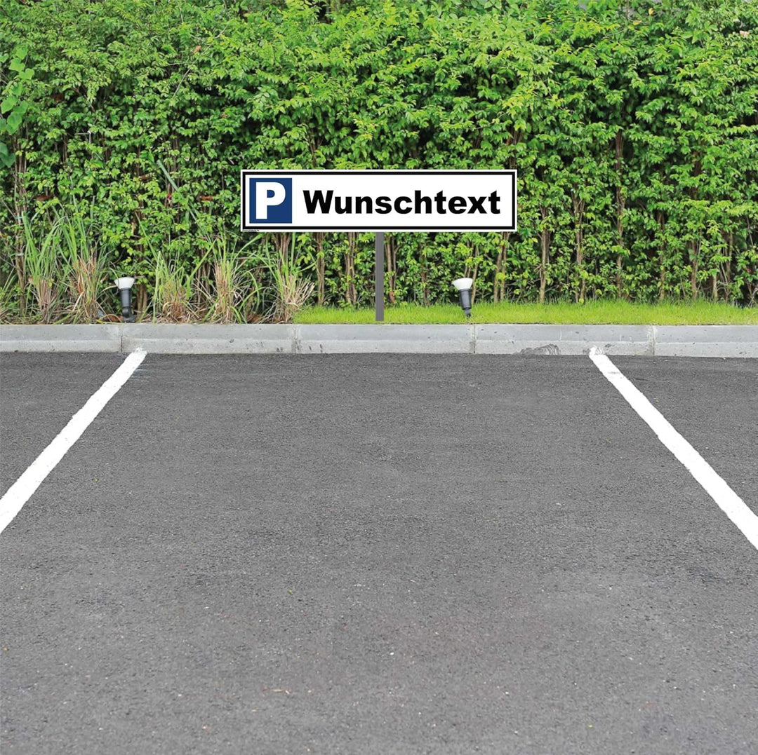 Kleberio® Parkplatz Schild 52 x 11 cm - Wunschtext (Farbe: schwarz) - mit Einschlagpfosten 0,75 Mete