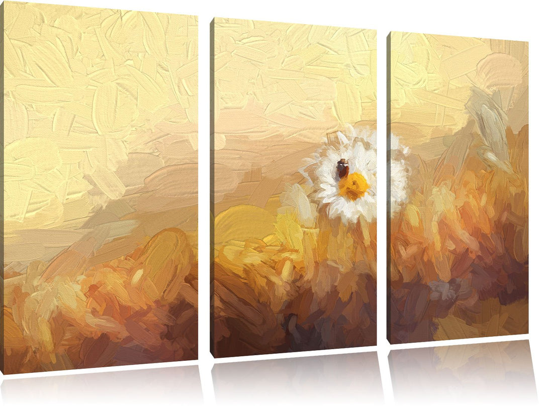 Pixxprint Gänseblümchen Marienkäfer / 3-Teilig/Gesamtmass 120cm Leinwandbild bespannt auf Holzrahmen