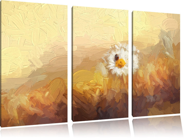 Pixxprint Gänseblümchen Marienkäfer / 3-Teilig/Gesamtmass 120cm Leinwandbild bespannt auf Holzrahmen