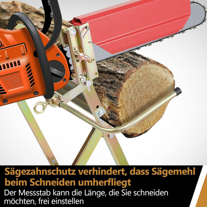 Daromigo Sägebock mit Kettensägen-Halterung, Kettenschutz, Messstab, 81x72x78,5 cm, Stabile Sägestän