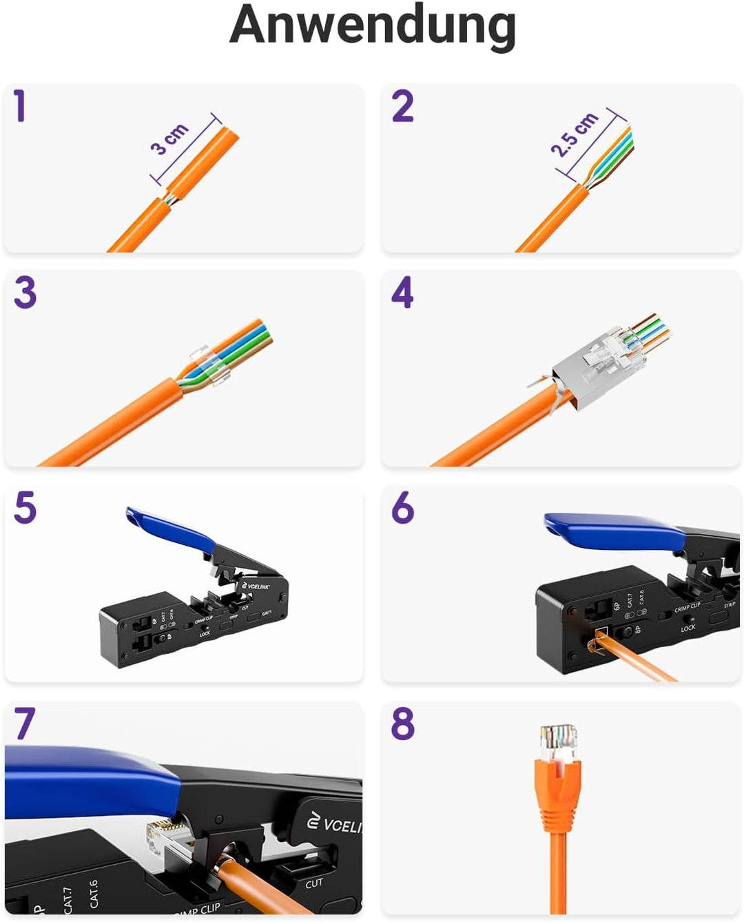 VCELINK GJ671BL Crimpzange RJ45 Presszange für stecker, Netzwerk Werkzeug für CAT 7/CAT 6A/CAT 6/CAT