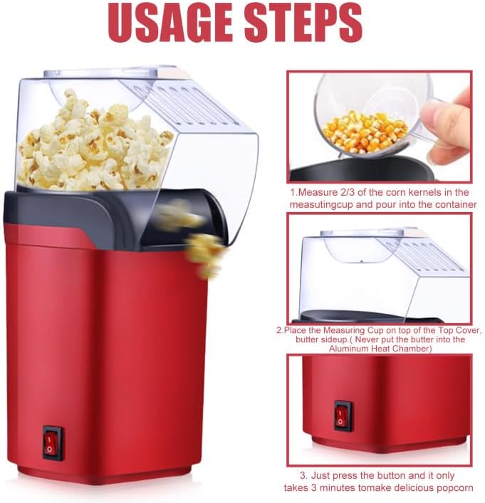 Heissluft Popcornmaschine für Kinder mit Transparentem Deckel und Messbecher: 1200W Retro Automatisc