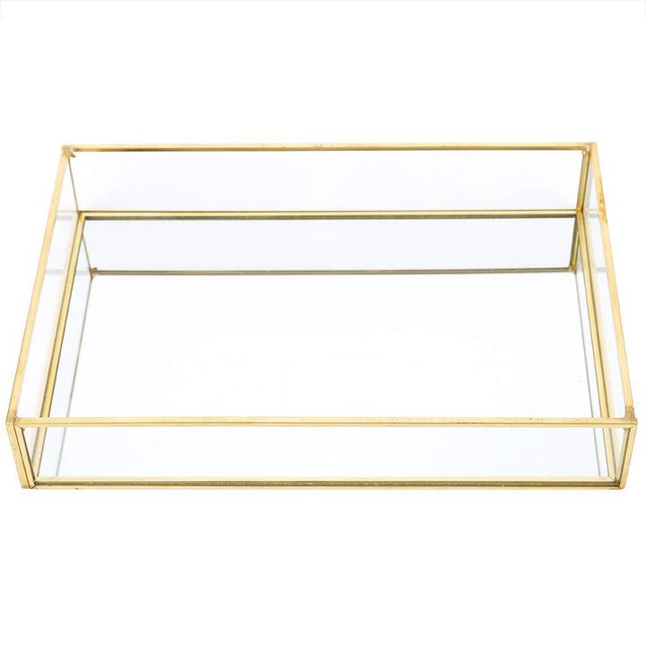 Retro Spiegeltablett, Dekotablett Gold Glastablett Tablett Vintage Metall Glas Aufbewahrungsbox Kosm