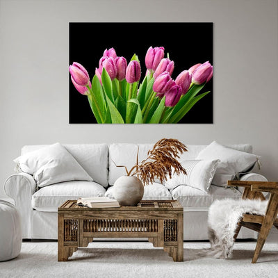 Bilder auf Leinwand 100x70cm Leinwandbild Tulpen Blumenstrauss Tau Tropfen Gross Wanddeko Bild Schla