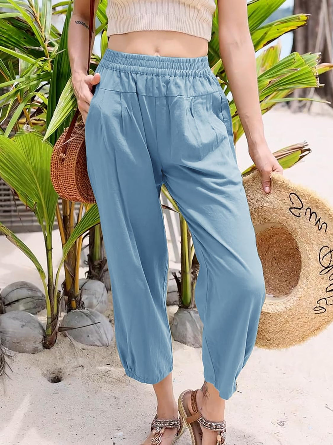 Les umes Damen Baumwolle Casual Capri Hose Elastische Taille Sommer Hose Haremhose mit Hellblau S, H