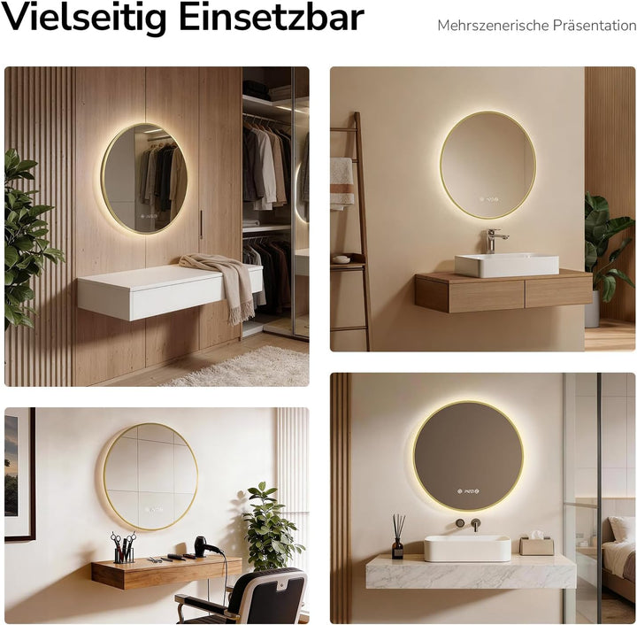 EMKE LED Badspiegel Rund Spiegel mit Beleuchtung ф60cm Gebürstetem Goldrahmen LED Badezimmerspiegel