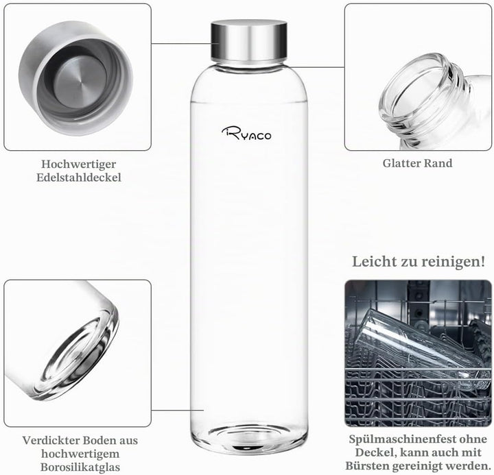 Ryaco Trinkflasche aus Glas 550ml/750ml/1000ml/1L,Glasflasche mit Neoprenhülle,Glastrinkflasche mit