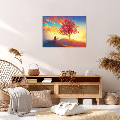 Bilder auf Leinwand Baum Wiese Feld Leinwandbild mit Rahmen 70x50cm Wandbilder Dekoration Wohnzimmer