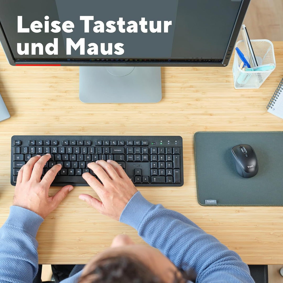 Trust Ymo II Leise Tastatur Maus Set Kabellos Deutsches QWERTZ Layout, Flachen Tasten, Spritzwasserg