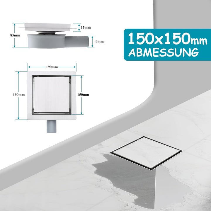 150 x 150 mm Duschrinne Quadratisch Edelstahl Bodenablauf mit 360° Siphon Geruchsstop, Haarfilter 2