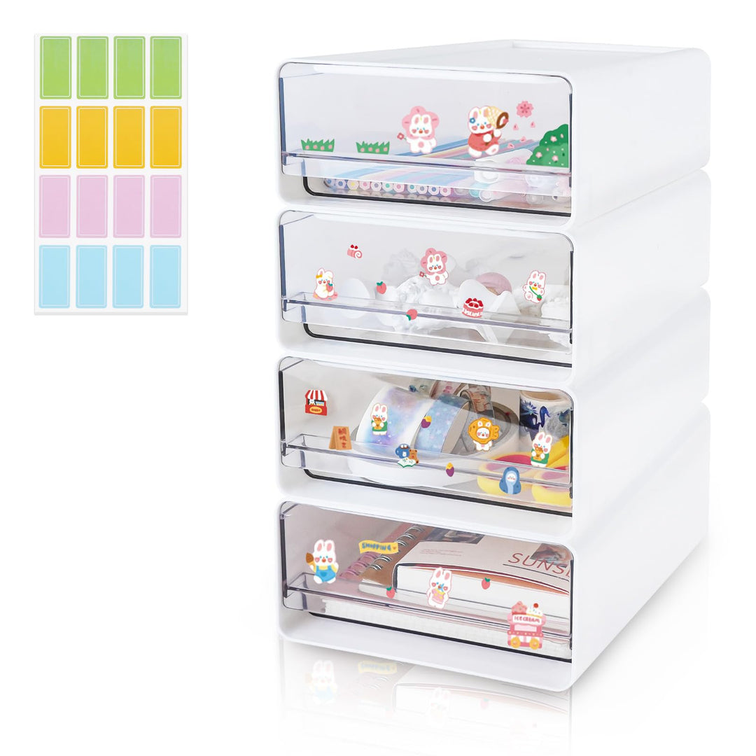 4 Stück Stapelbar Schreibtisch Organize mit 4 Schubladen, Transparent Weiss Schubladenboxen mit Etik