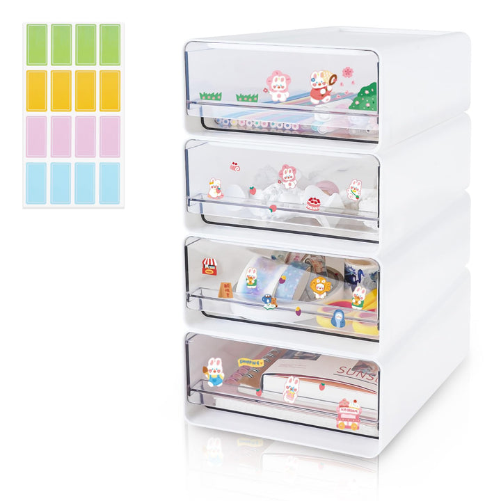 4 Stück Stapelbar Schreibtisch Organize mit 4 Schubladen, Transparent Weiss Schubladenboxen mit Etik