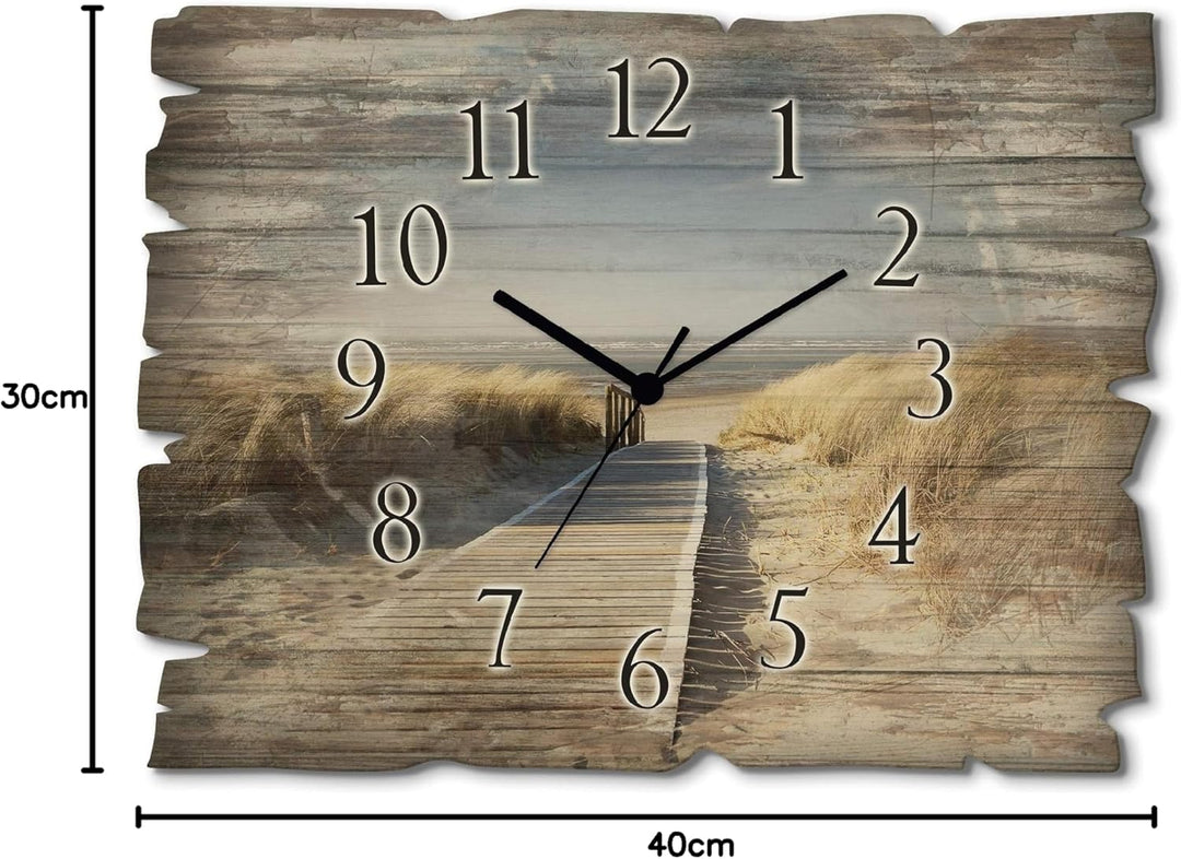 ARTLAND Wanduhr ohne Tickgeräusche aus Holz Quarzuhr 40x30 cm Rechteckig Lautlos Strand Meer Nordsee