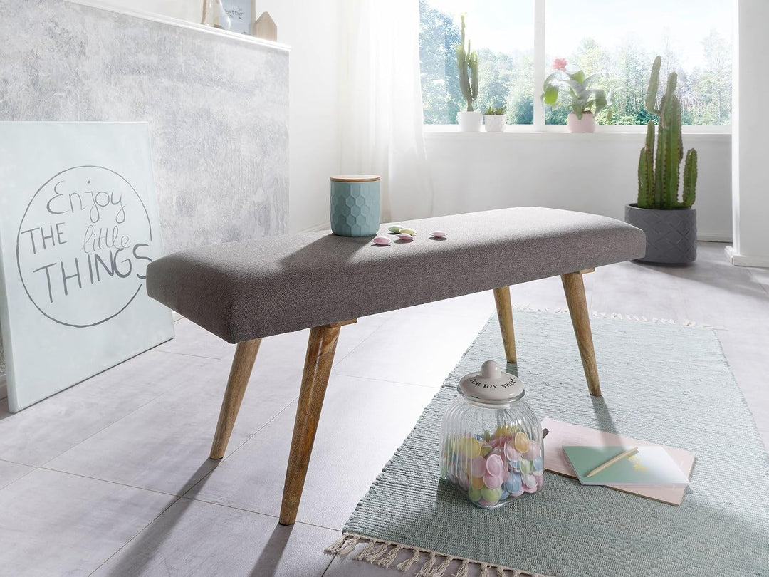 FineBuy Sitzbank Stoff/Massivholz Bank grau 117x51x38 cm im Retro Stil, 2er Polsterbank Flur, Gepols