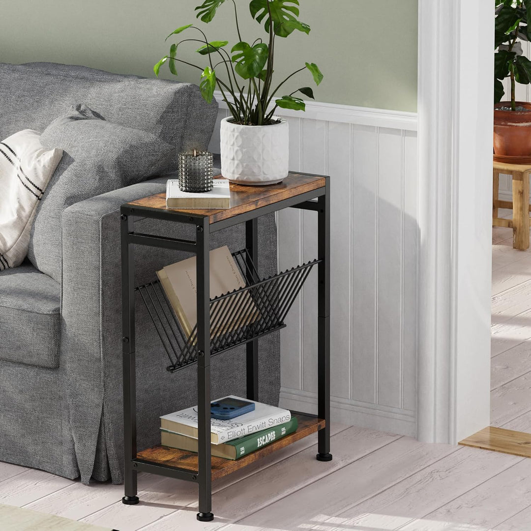 Schmaler Beistelltisch, 3 Ablagen Nachttisch Schmal mit Zeitschriftenhalter, sofa beistelltisch, Cou