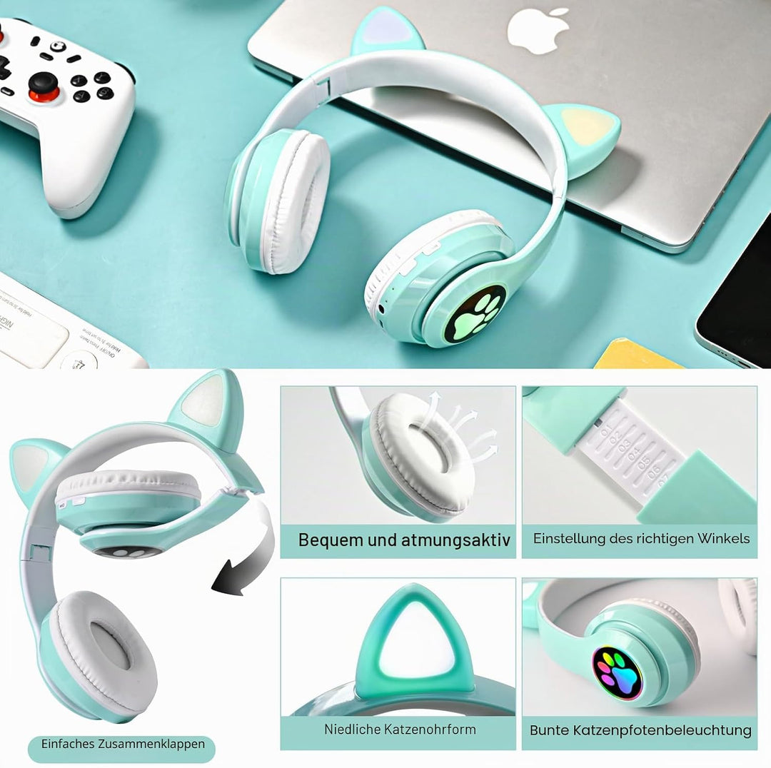 OHAANYY Katzenohr Kopfhörer Kindergeburtstag Geschenke Kind LED Katzenohren Einhorn Bluetooth Kabell