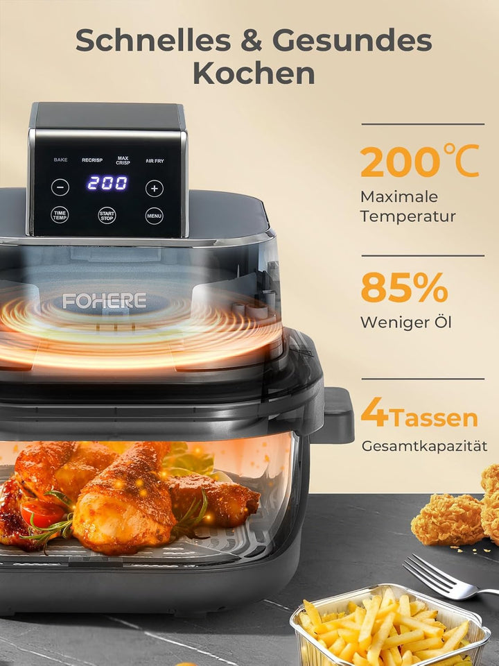 FOHERE Tragbare Heissluftfritteuse, 4-in-1 Heissluftfrittieren für Bake, Recrisp, Max Crisp, Airfrye