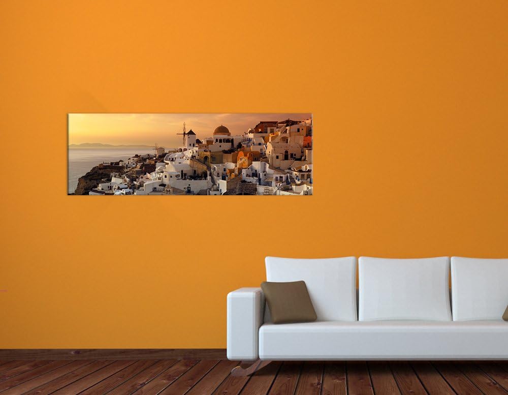 Bilderdepot24 Bild auf Leinwand | Santorini im Abendrot in 160x50 cm als Panorama Wandbild XXL | Wan