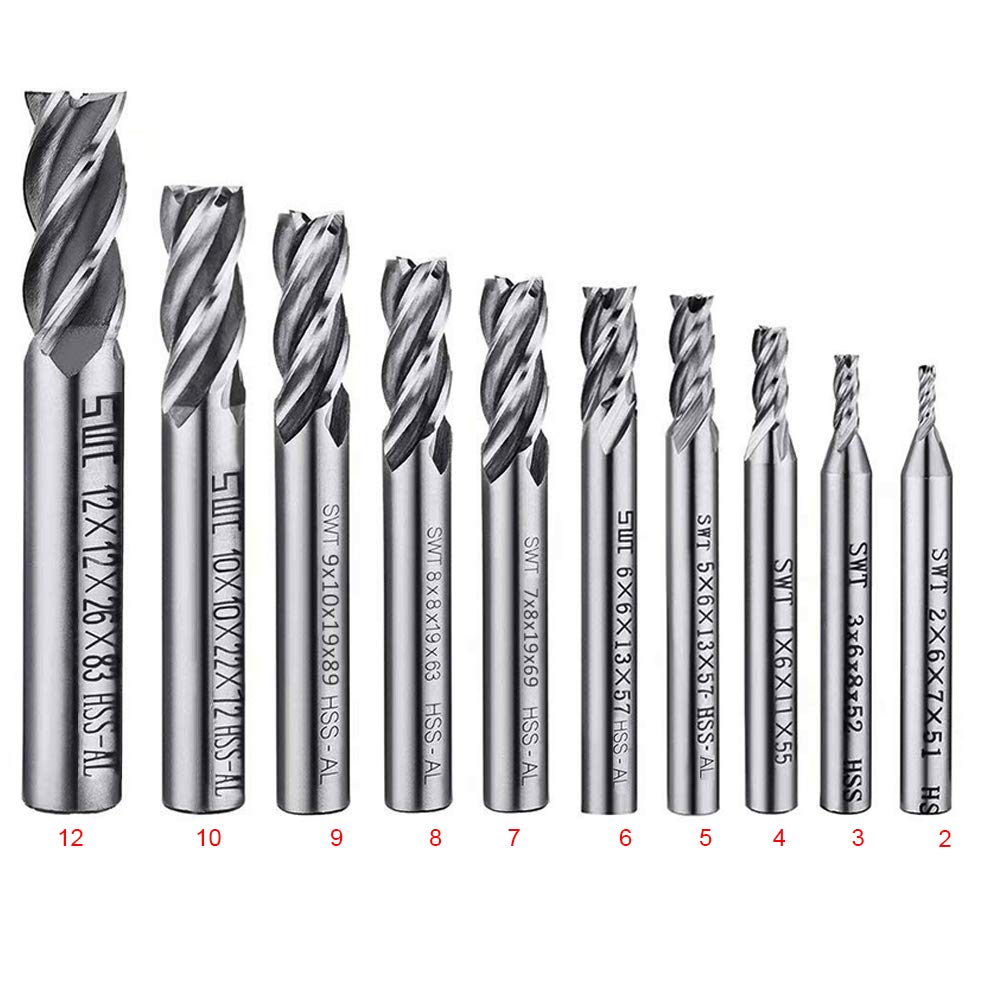 ASNOMY 10Stück HSS Schaftfräser CNC Drehmaschine geraden Schaft 2-12 mm, 4 Flöte Spiralfräser Schnei
