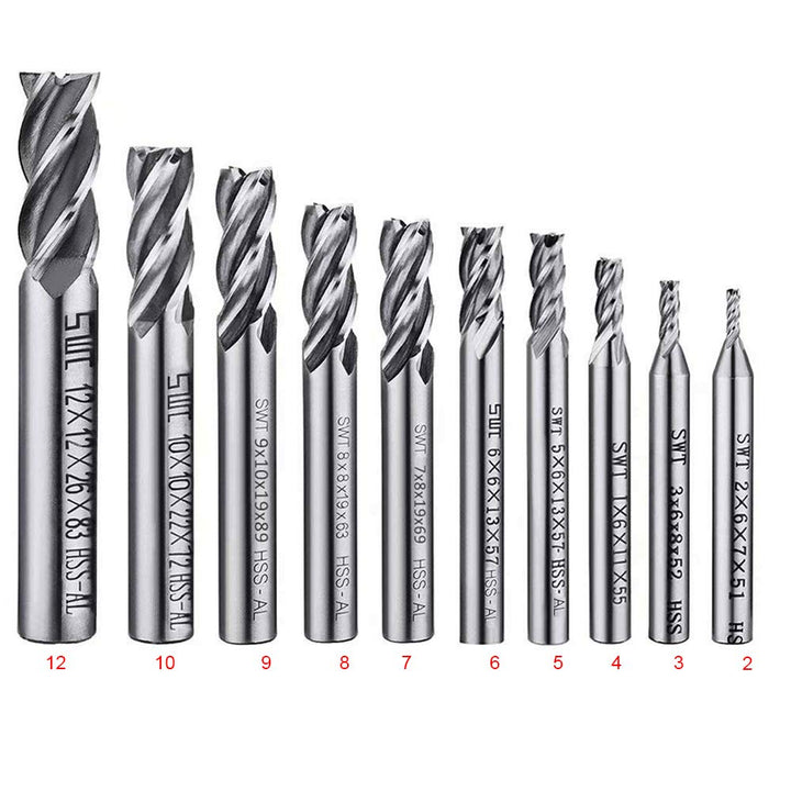 ASNOMY 10Stück HSS Schaftfräser CNC Drehmaschine geraden Schaft 2-12 mm, 4 Flöte Spiralfräser Schnei