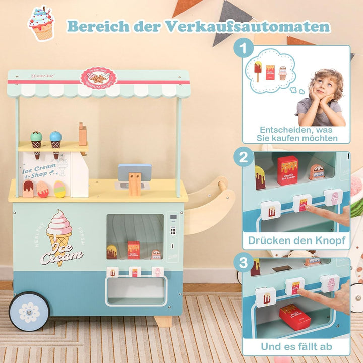 FANTASK Grün Eiswagen Kinde Kaufladen Holz mit 15 Zubehör & Eismaschine & Kasse & Scanner & Verkau,