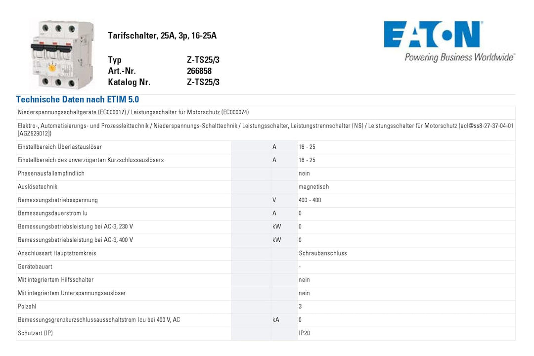 Eaton Z-TS25/3 Tarifschalter 25 A 3-polig 16-25 A Leistungsschalter Motorschutz 266858
