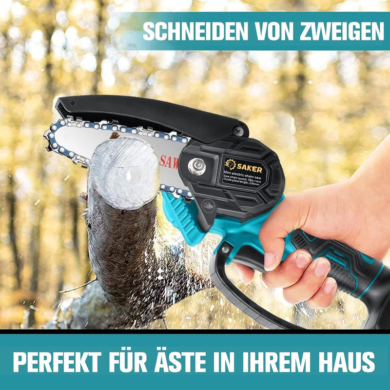 Saker Mini Kettensäge mit Akku 4 Zoll, kabellose kettensäge elektrisch mit 1 Kette und 2 Batterien,