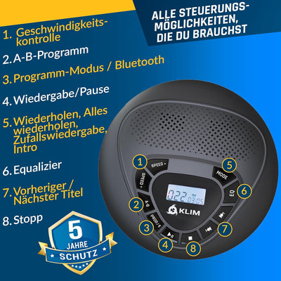 KLIM Speaker + CD Player mit Lautsprecher + Bluetooth + Wiederaufladbarer Akku + Tragbarer CD-Spiele