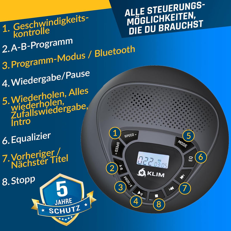 KLIM Speaker + CD Player mit Lautsprecher + Bluetooth + Wiederaufladbarer Akku + Tragbarer CD-Spiele