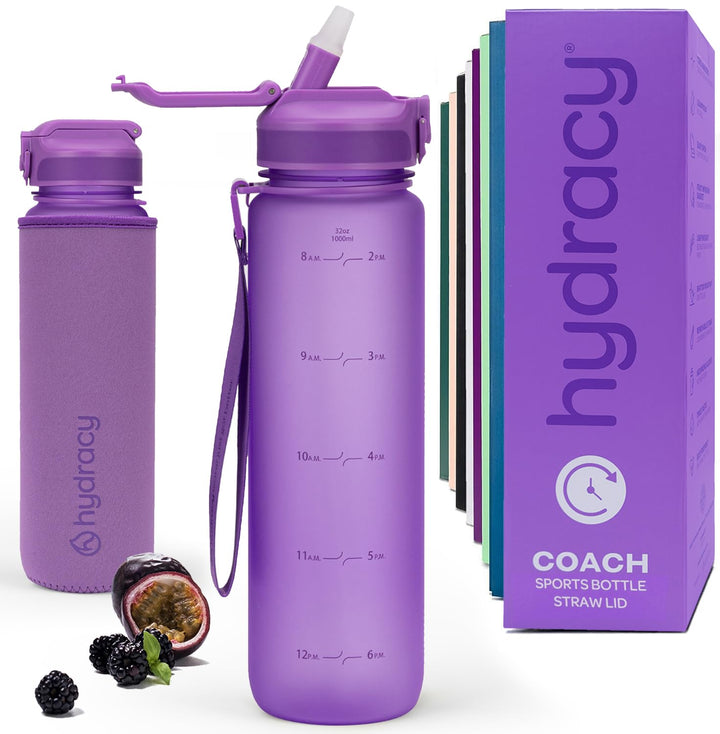 Hydracy Trinkflasche mit Strohhalm und Zeitmarkierung - 1L Wasserflasche - BPA-freie Trinkflasche -