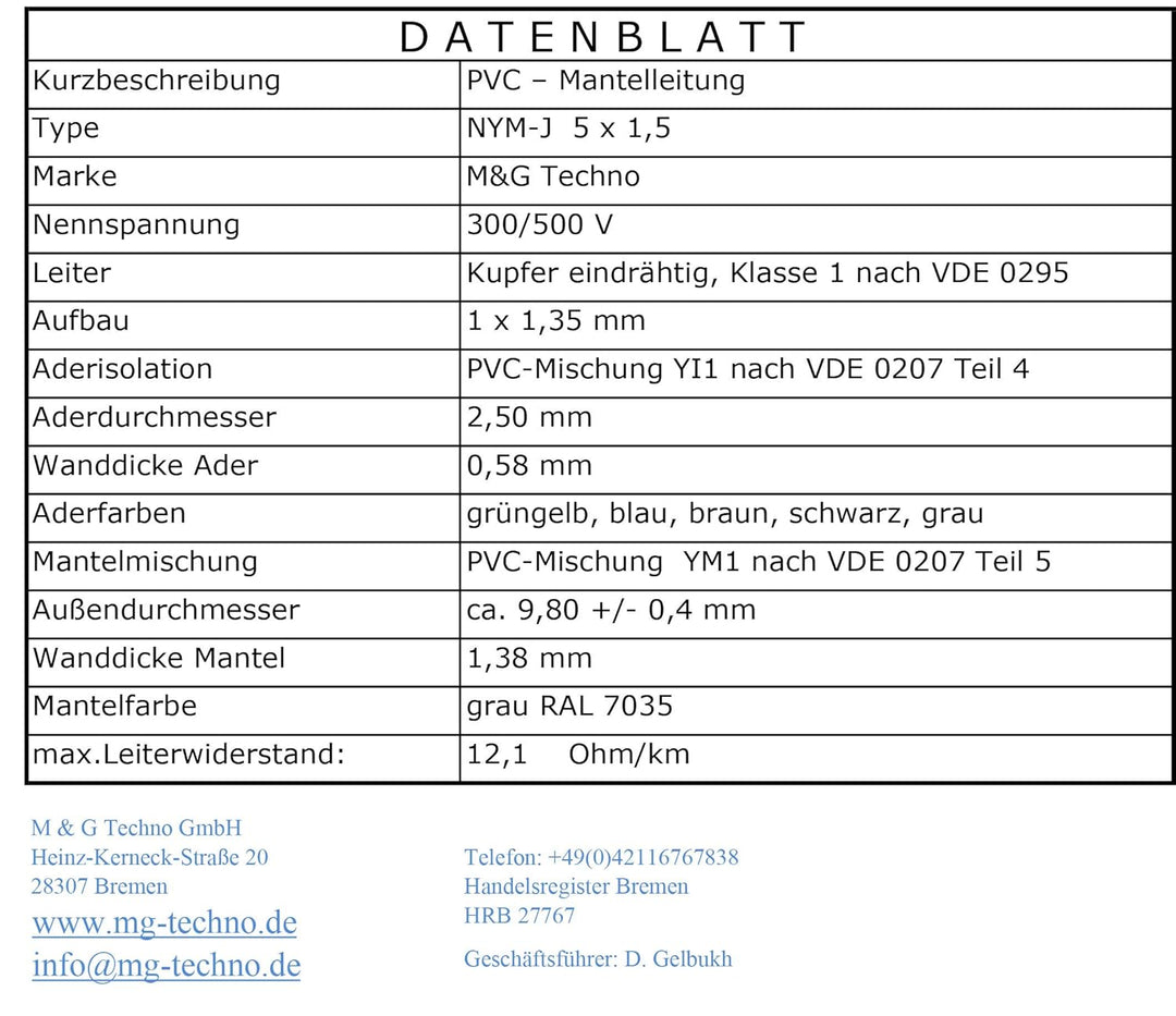 M&G Techno 40m NYM-J 5x1,5 mm² Mantelleitung Feuchtraumkabel Elektrokabel Kupfer Made in Germany, Gr