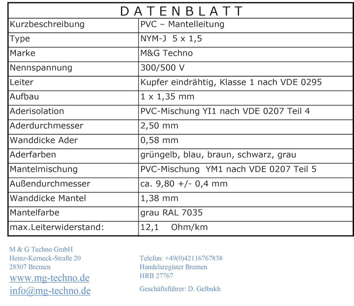 M&G Techno 40m NYM-J 5x1,5 mm² Mantelleitung Feuchtraumkabel Elektrokabel Kupfer Made in Germany, Gr