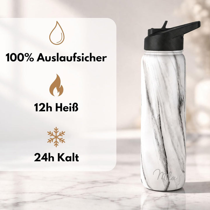Milu Edelstahl Trinkflasche 500ml, 750ml, 1000ml (+3 Deckel) - Thermosflasche mit Strohhalm, Isolier