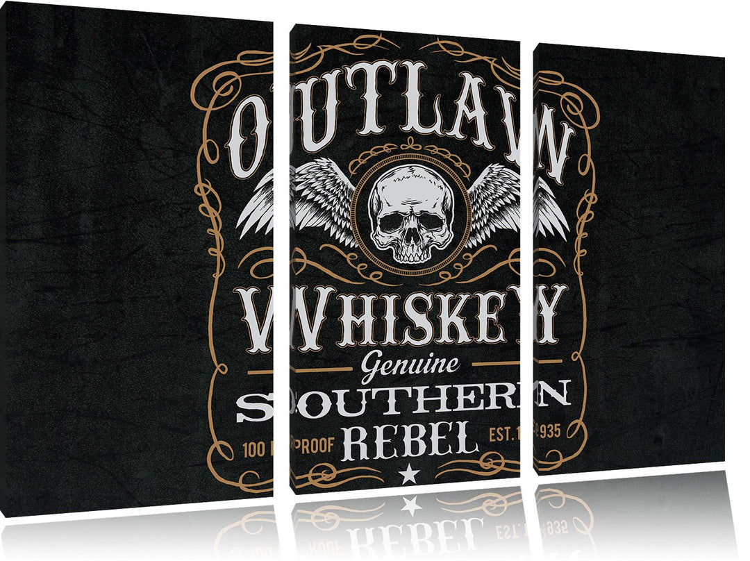 Pixxprint Whiskey Etikett „Outlaw“ schwarz 3-Teiler Leinwandbild 120x80 Bild auf Leinwand